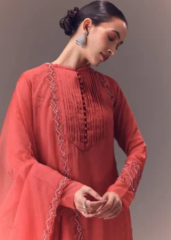 Dusty Rust Organza Kurta Set With Raglan Sleeves