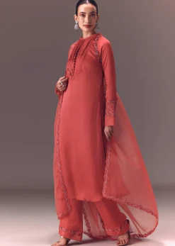 Dusty Rust Organza Kurta Set With Raglan Sleeves