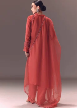 Dusty Rust Organza Kurta Set With Raglan Sleeves