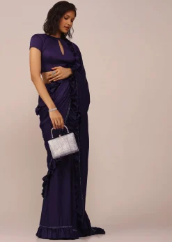 Eggplant Violet Saree With Fancy Sleeve Blouse In Satin