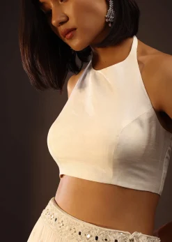 Egret White Halter Neck And Back Tie-Up Blouse With Back Hooks Closure