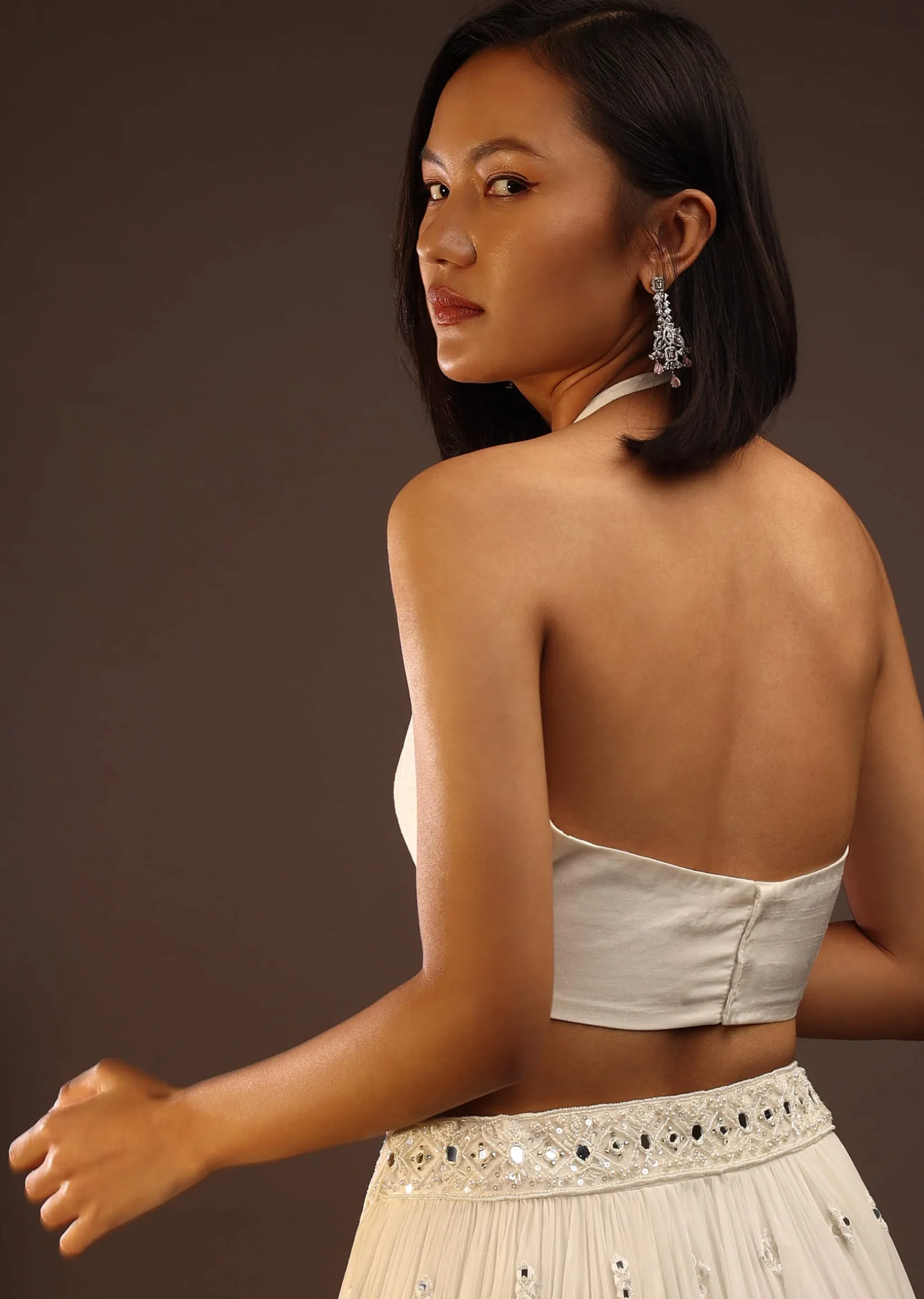 Egret White Halter Neck And Back Tie-Up Blouse With Back Hooks Closure
