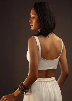 Egret White Sleeveless Blouse With A Sweetheart Neckline. Padded With A Back Hook Closure
