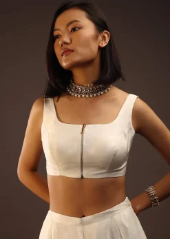 Egret White Sleeveless Blouse With A Scoop Neckline