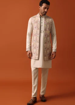 Elegant Beige Exquisite Embroidered Jacket Kurta Set