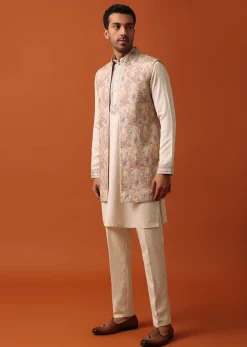 Elegant Beige Exquisite Embroidered Jacket Kurta Set