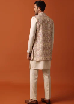 Elegant Beige Exquisite Embroidered Jacket Kurta Set