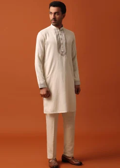 Elegant Beige Exquisite Embroidered Jacket Kurta Set