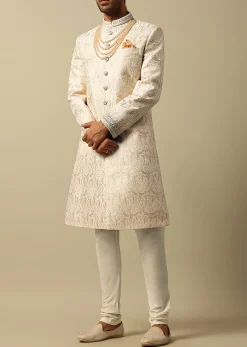 Elegant Beige Silk Sherwani Set