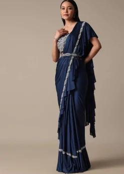 Elegant Blue Frill Ready To Wear Saree With Embellished Blouse