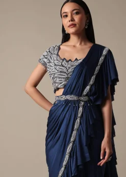 Elegant Blue Frill Ready To Wear Saree With Embellished Blouse