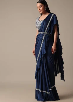 Elegant Blue Frill Ready To Wear Saree With Embellished Blouse