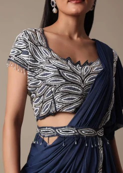 Elegant Blue Frill Ready To Wear Saree With Embellished Blouse
