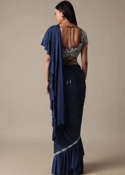 Elegant Blue Frill Ready To Wear Saree With Embellished Blouse