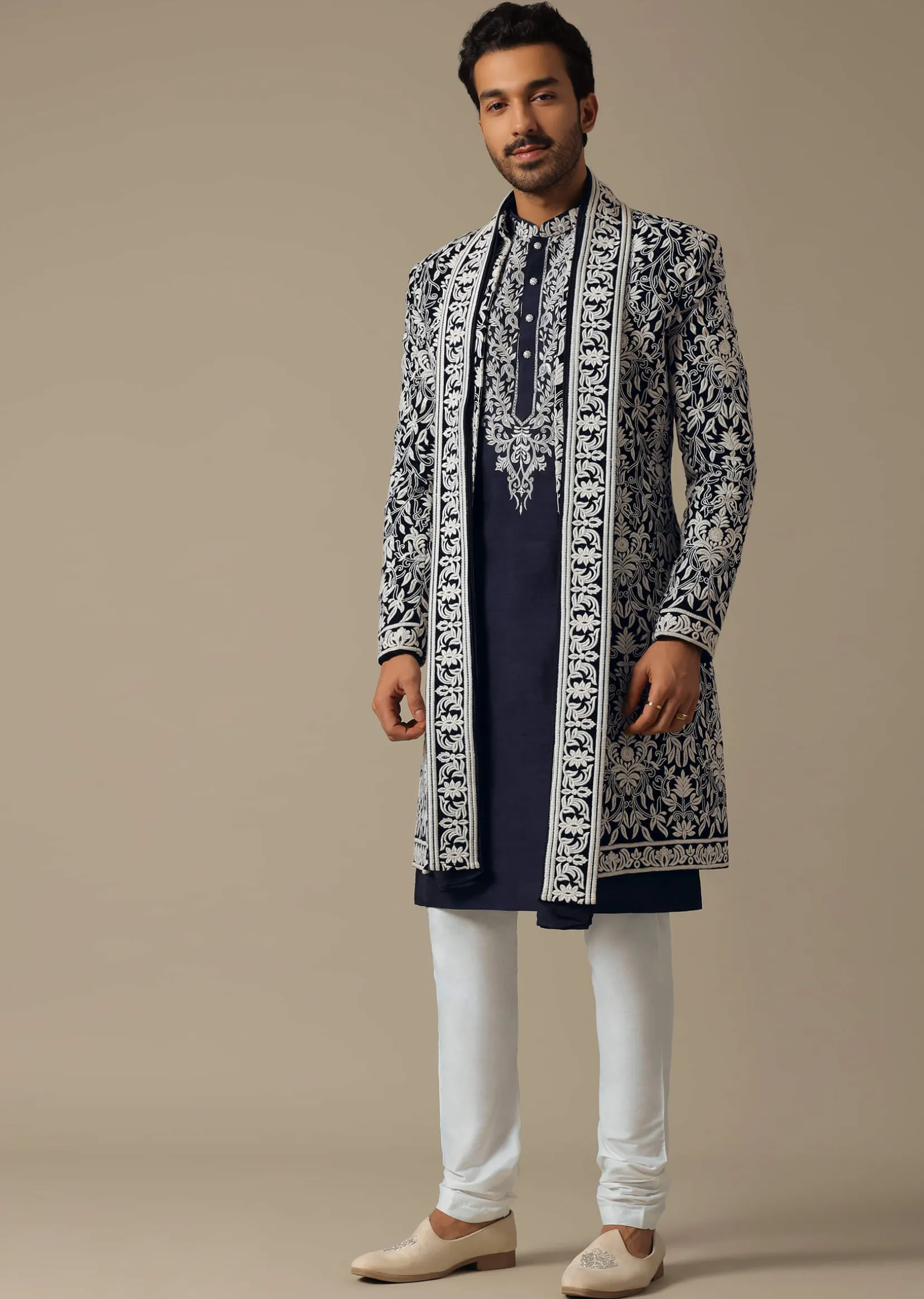 Elegant Blue Grooms Indowestern Ensemble