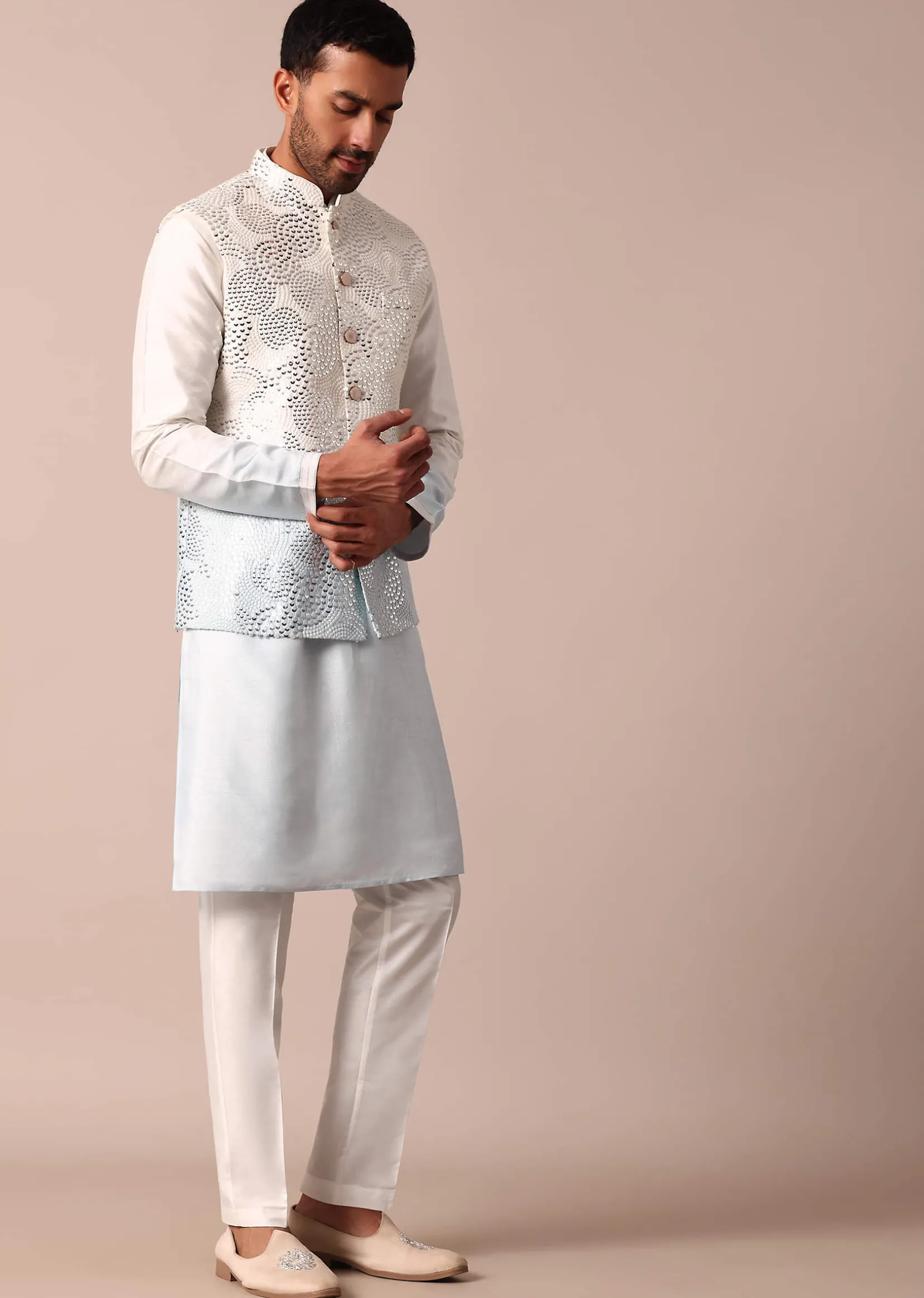 Elegant Blue Ombre Silk Jacket Kurta Set For Men
