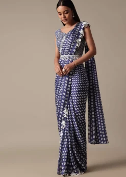 Elegant Blue Readymade Saree With Stitched Blouse