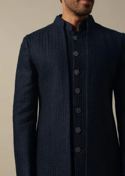 Elegant Blue Textured Indowestern Set For Men