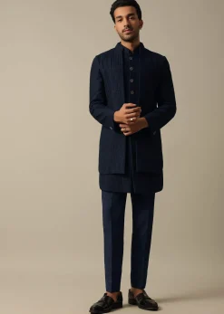 Elegant Blue Textured Indowestern Set For Men