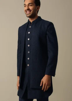 Elegant Blue Textured Indowestern Set For Men