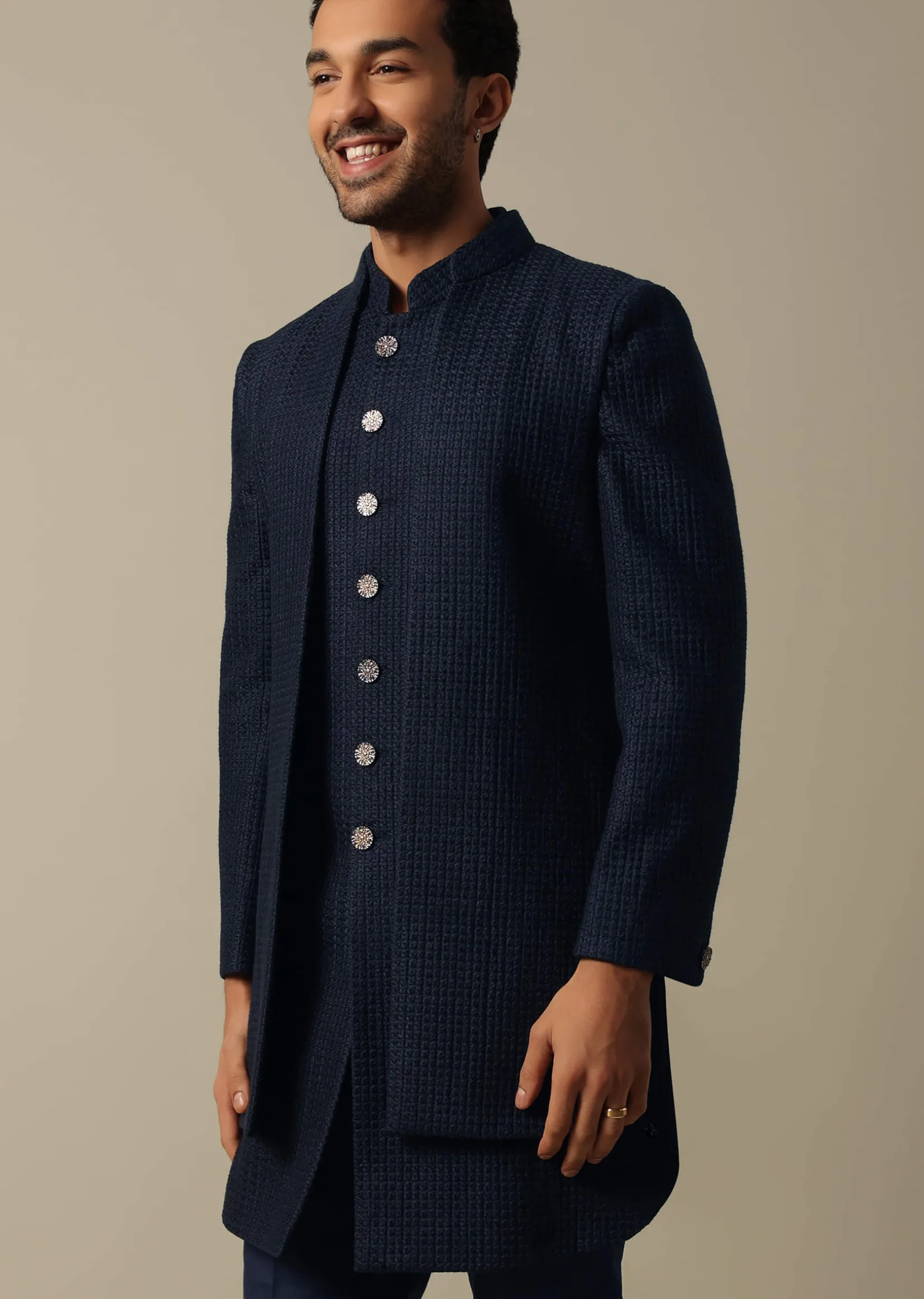 Elegant Blue Textured Indowestern Set For Men