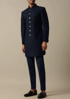 Elegant Blue Textured Indowestern Set For Men