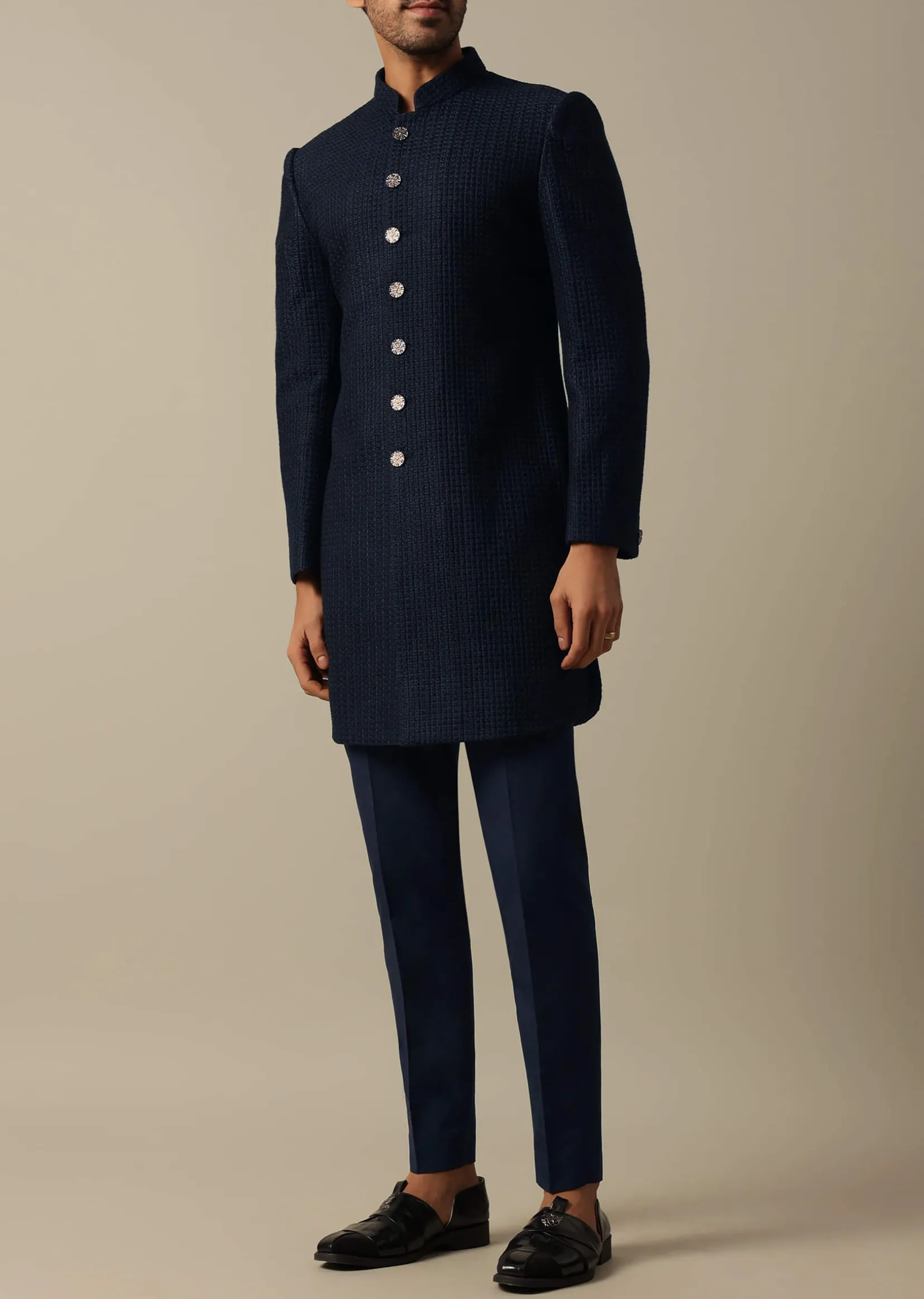 Elegant Blue Textured Indowestern Set For Men