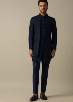 Elegant Blue Textured Indowestern Set For Men