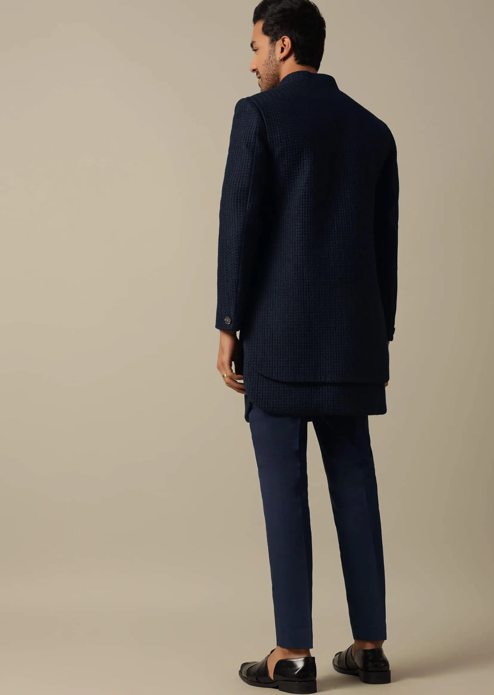 Elegant Blue Textured Indowestern Set For Men