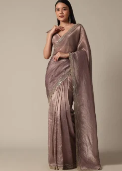 Elegant Brown Saree With Mirror and Stone Work