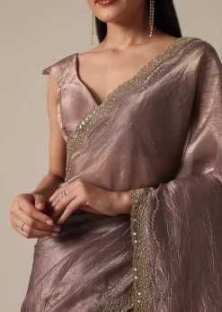 Elegant Brown Saree With Mirror and Stone Work