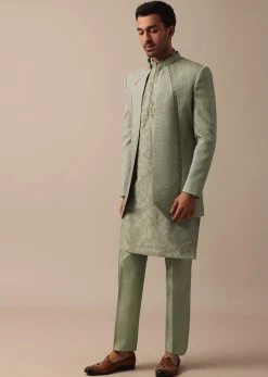Elegant Green Indowestern Set Featuring Striking Self Work