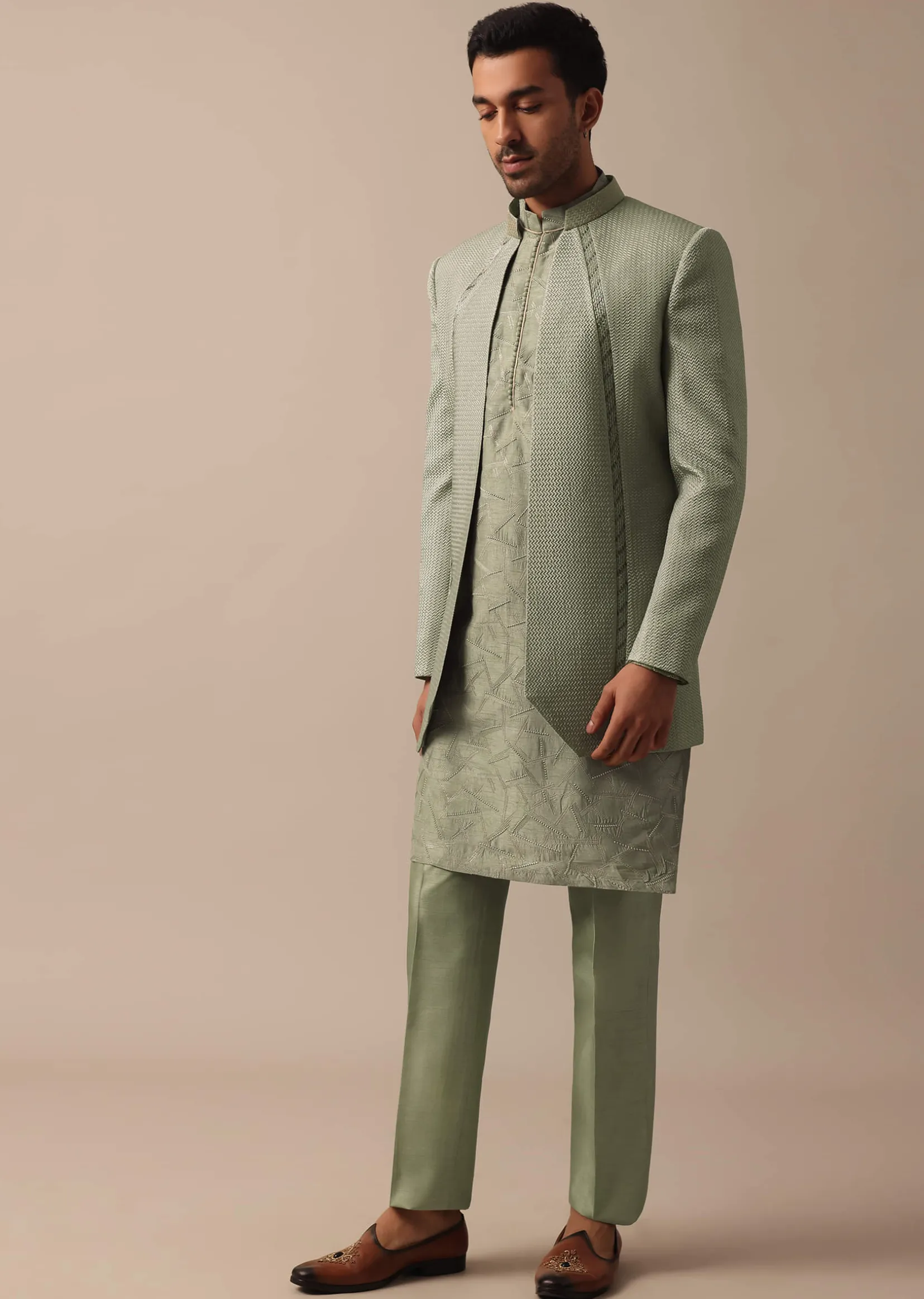 Elegant Green Indowestern Set Featuring Striking Self Work