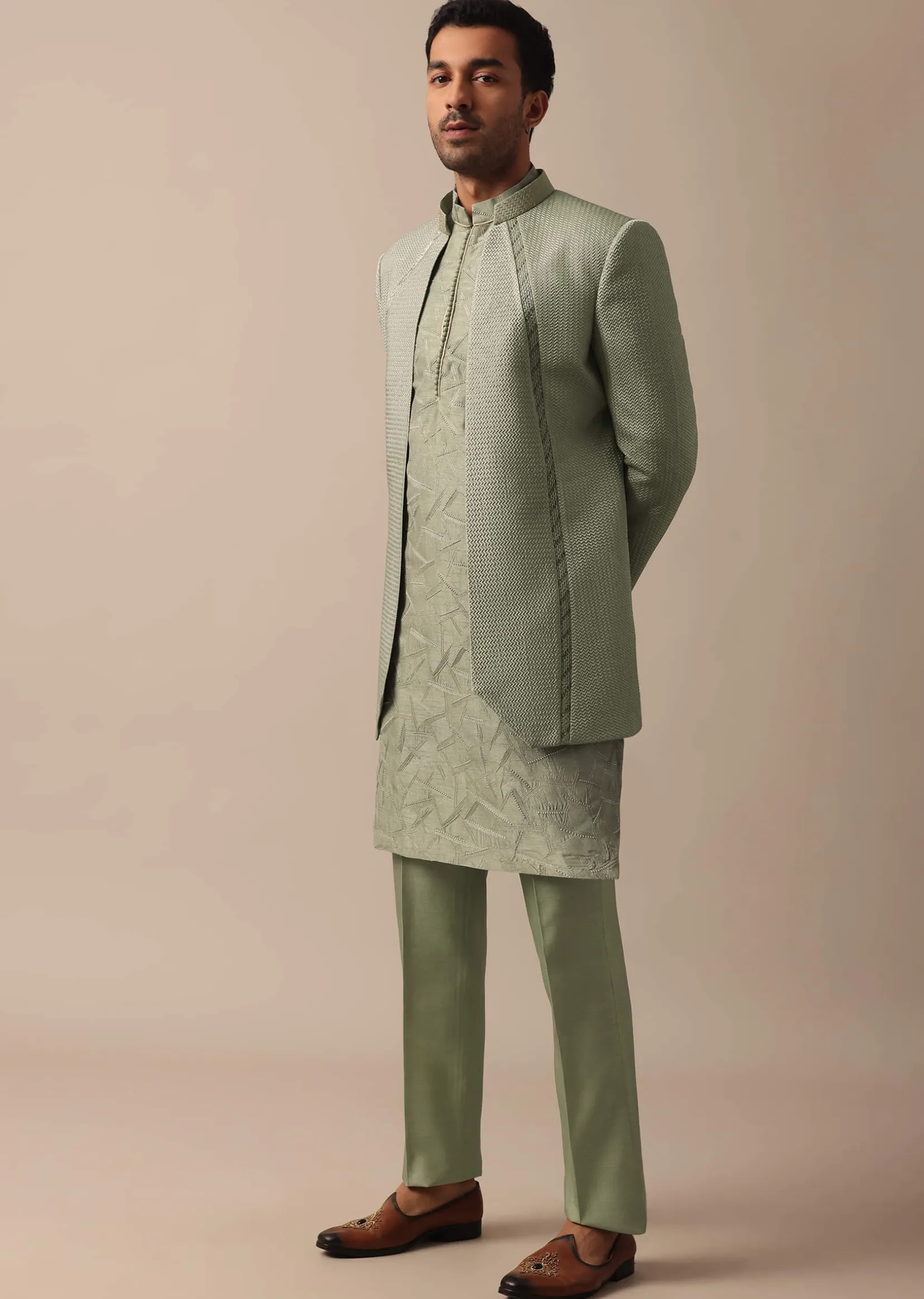 Elegant Green Indowestern Set Featuring Striking Self Work