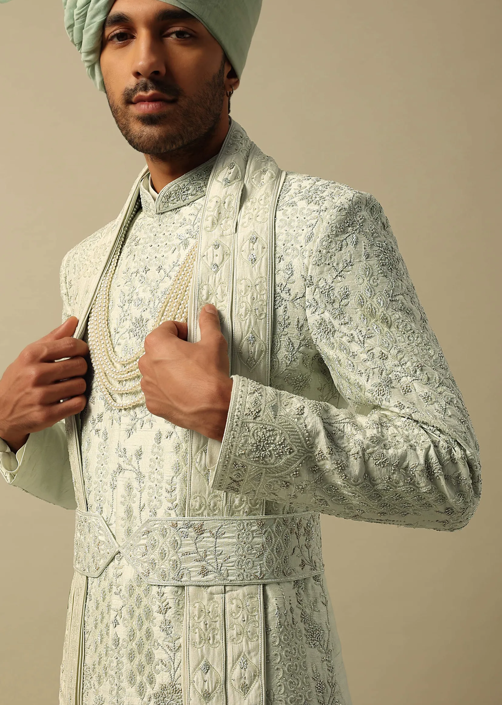 Elegant Green Raw Silk Sherwani Set