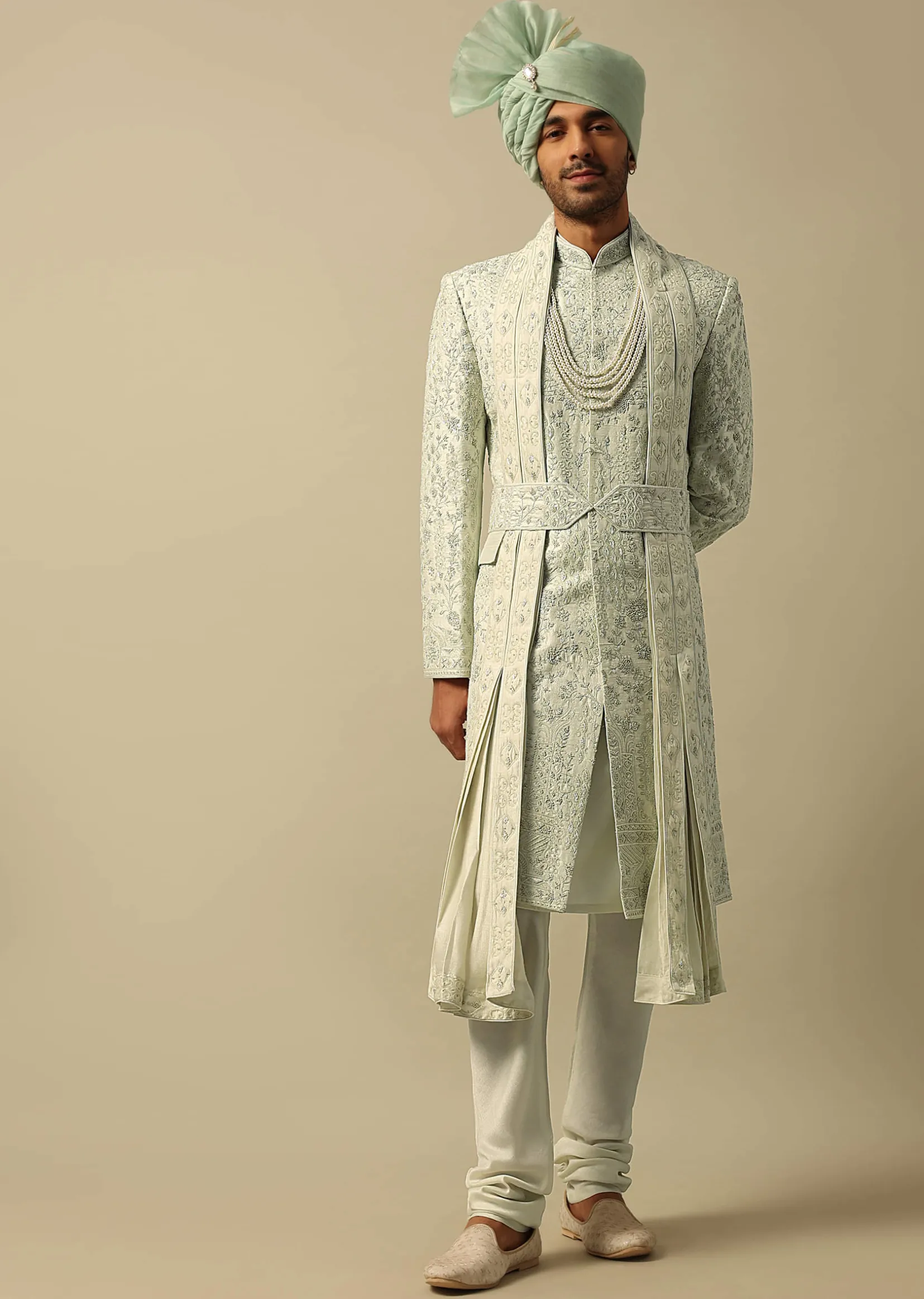 Elegant Green Raw Silk Sherwani Set