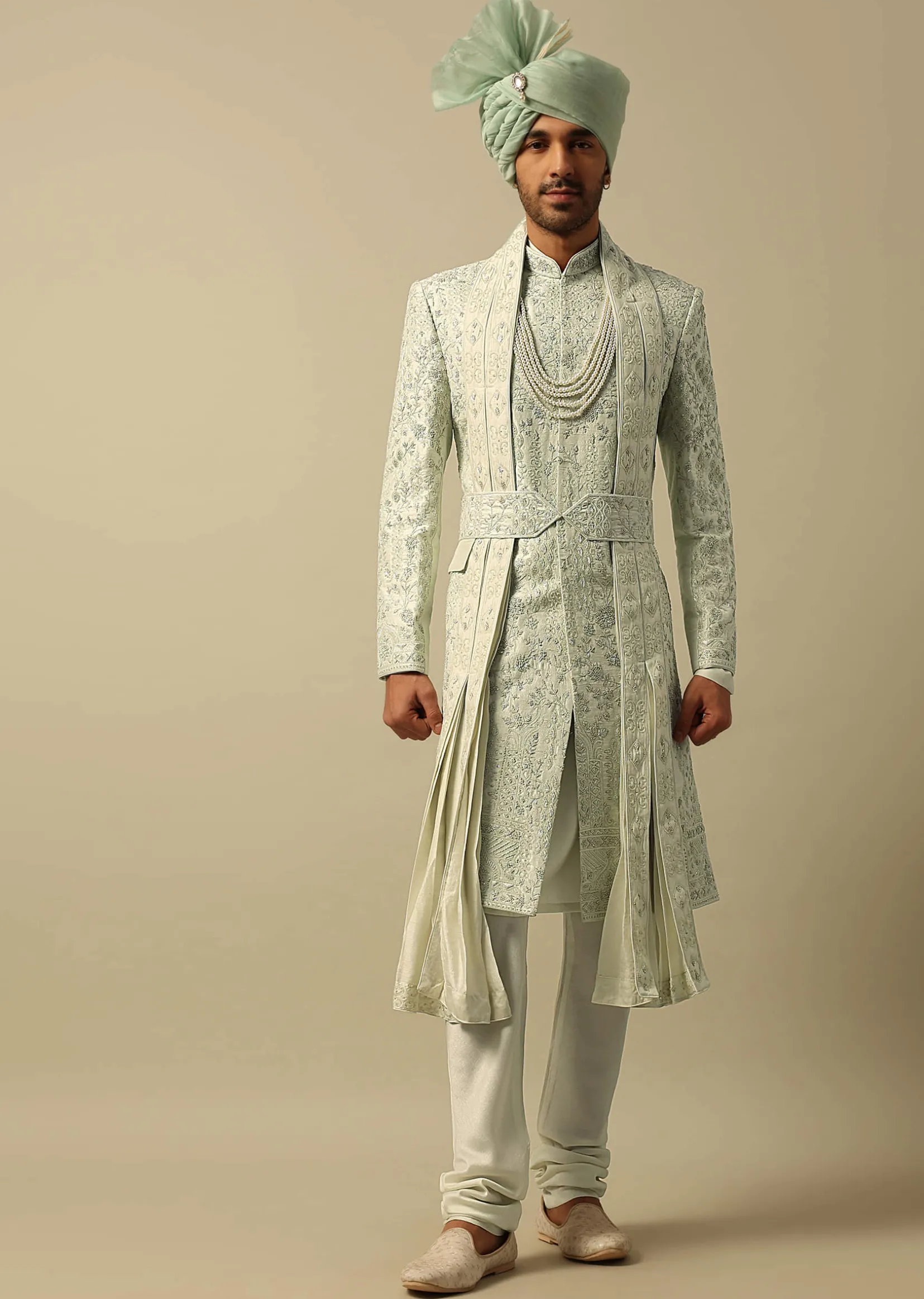 Elegant Green Raw Silk Sherwani Set