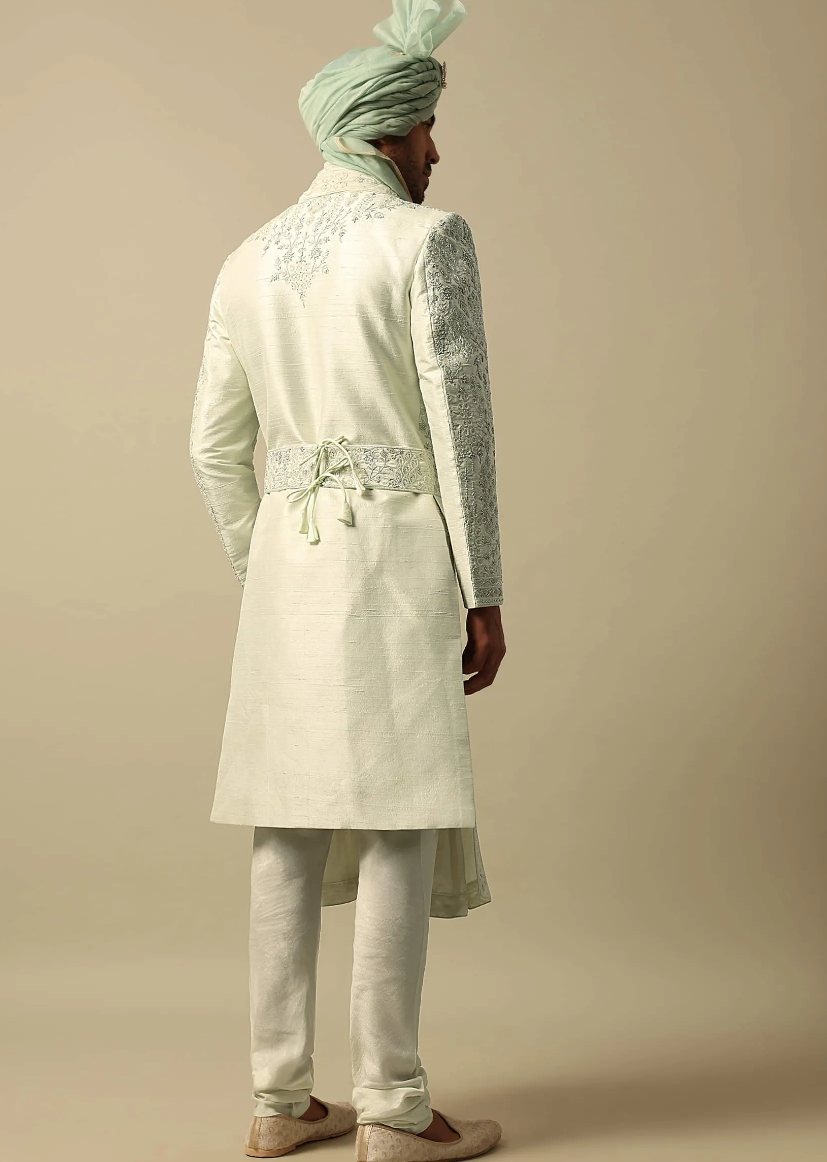 Elegant Green Raw Silk Sherwani Set