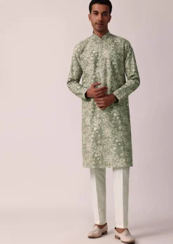 Elegant Green Silk Kurta Set With All-Over Print
