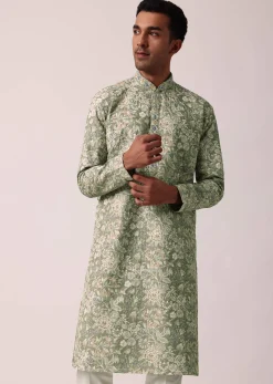 Elegant Green Silk Kurta Set With All-Over Print