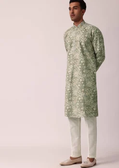 Elegant Green Silk Kurta Set With All-Over Print