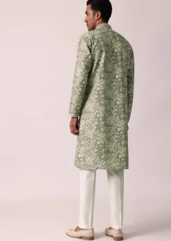 Elegant Green Silk Kurta Set With All-Over Print