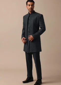 Elegant Grey Heavy Embroidered Indowestern For Grooms