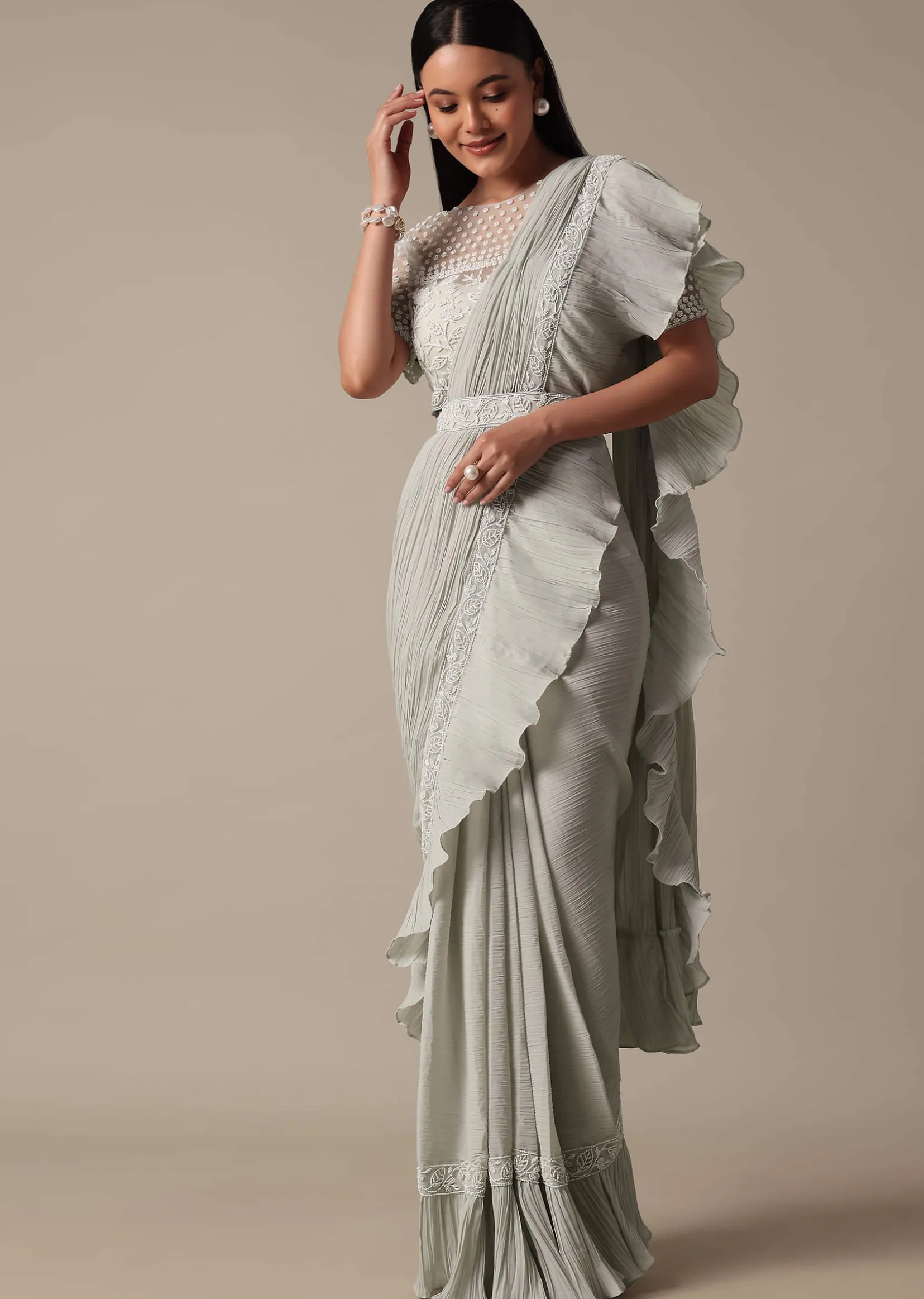 Elegant Grey Readymade Saree With Stitched Blouse