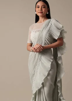 Elegant Grey Readymade Saree With Stitched Blouse