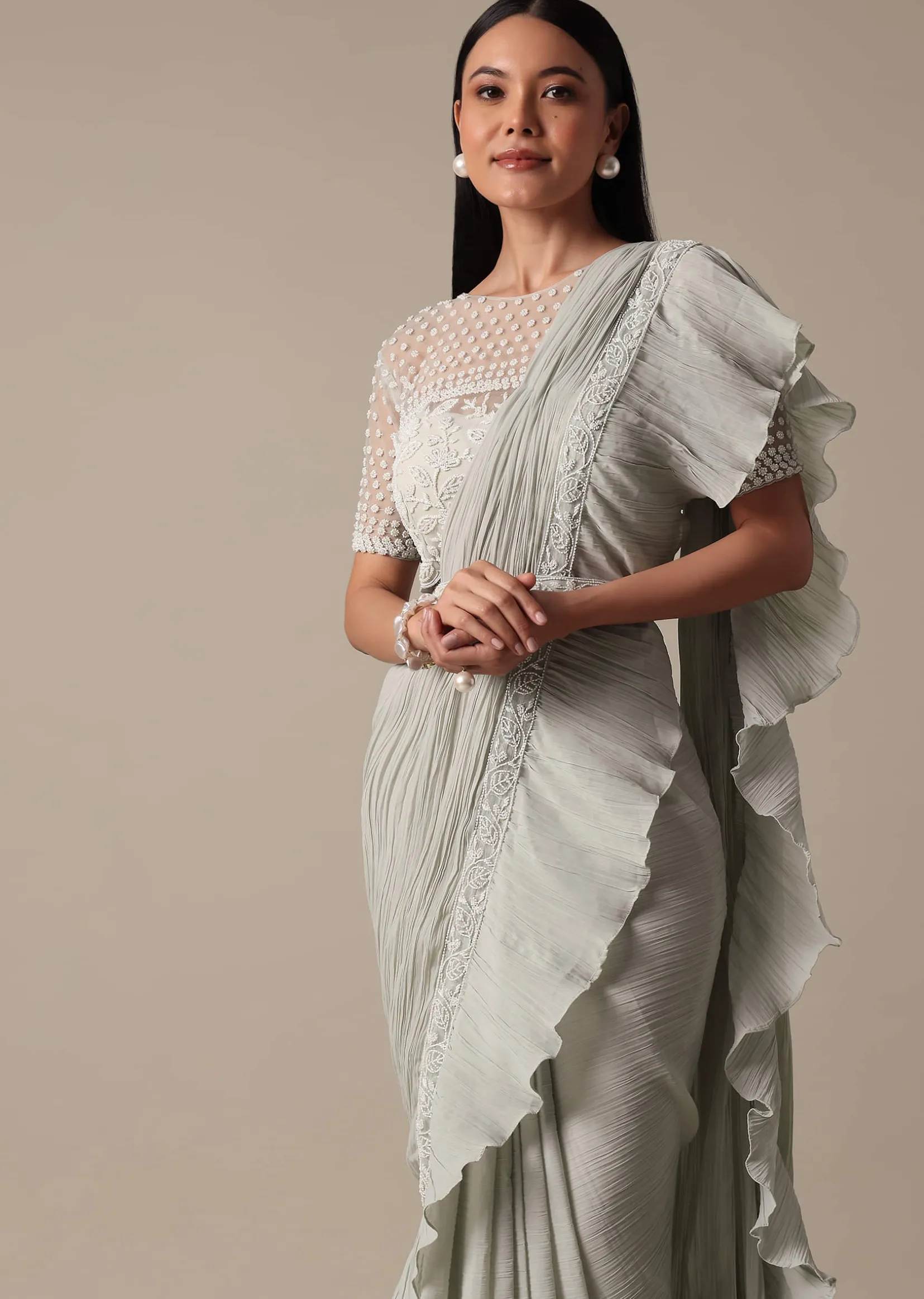 Elegant Grey Readymade Saree With Stitched Blouse