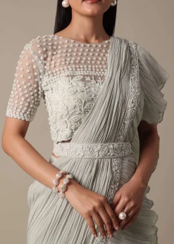 Elegant Grey Readymade Saree With Stitched Blouse