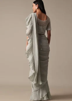 Elegant Grey Readymade Saree With Stitched Blouse