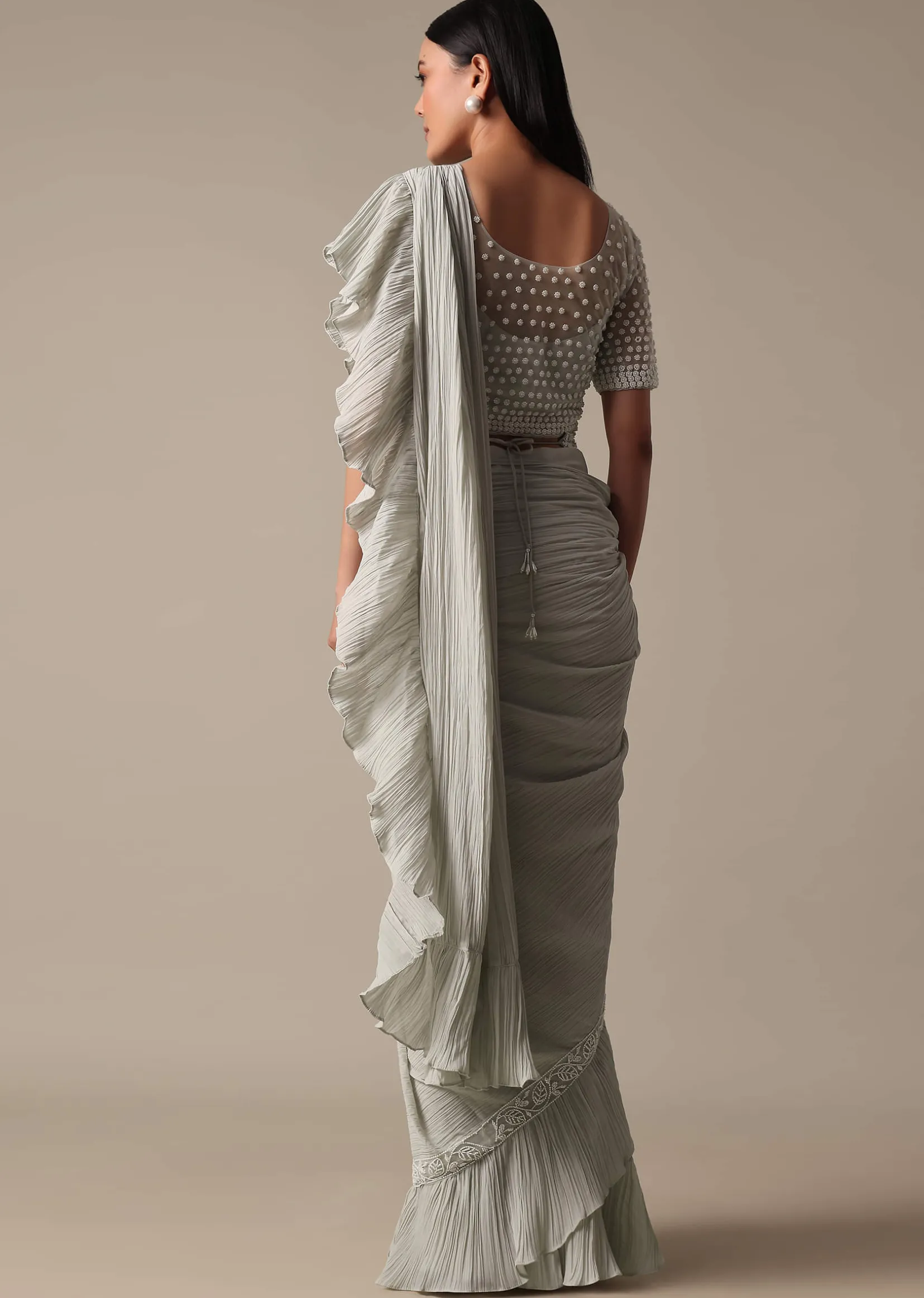 Elegant Grey Readymade Saree With Stitched Blouse