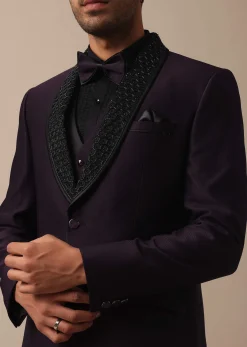 Elegant Intricate Embroidered Tuxedo Set in Purple